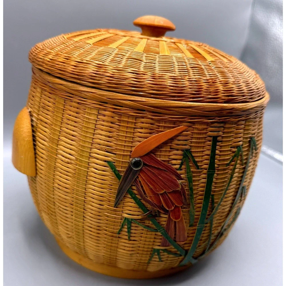 Vintage Wicker Ice Bucket Bird Bamboo Rattan Insulated MCM Tiki Barware 7.5in